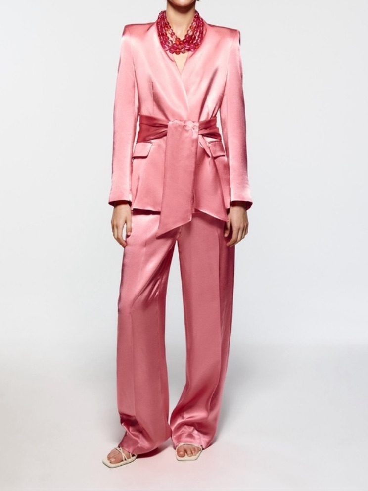 Zara Pink Satin Wide-Leg Jumpsuit With Self-Tie Waist